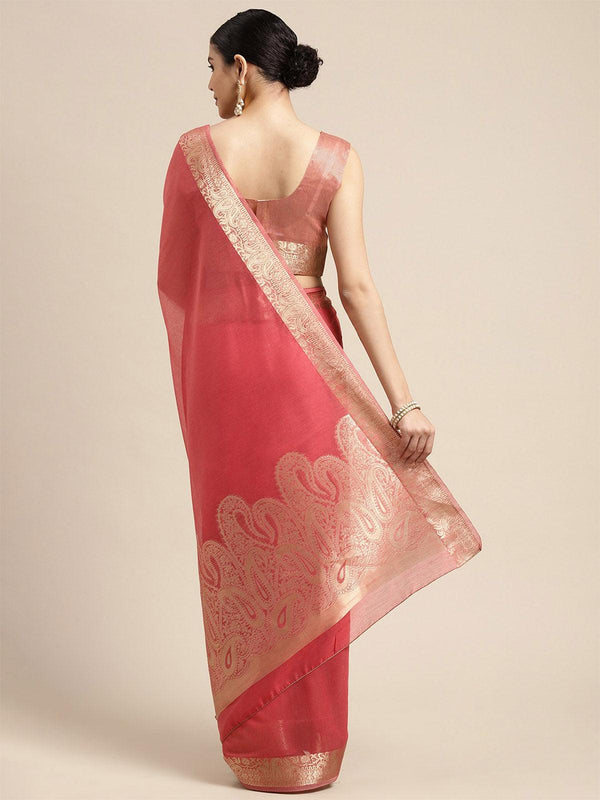 Women's Linen Blend Pink Woven Design Designer Saree With Blouse Piece - Odette