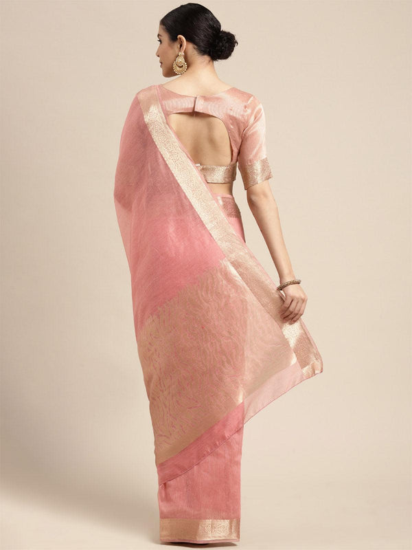 Women's Linen Blend Pink Woven Design Designer Saree With Blouse Piece - Odette