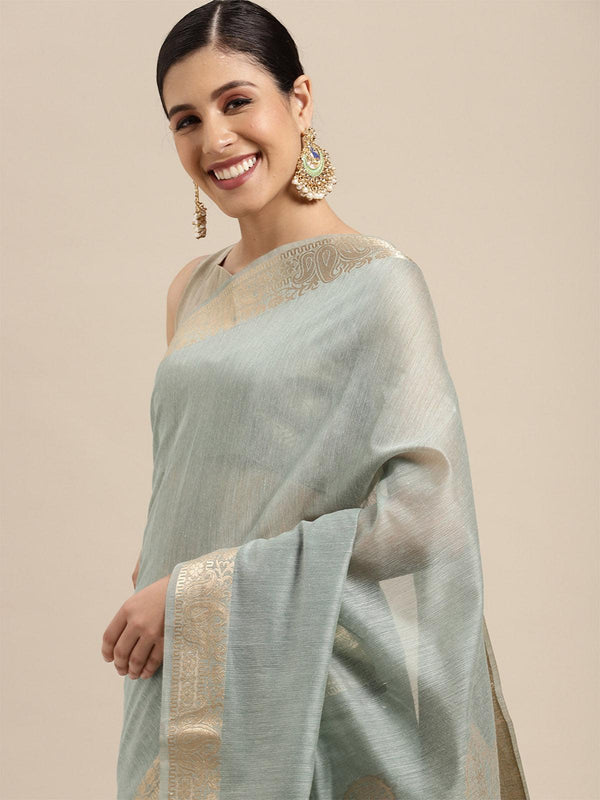 Women's Linen Blend Sea Green Woven Design Designer Saree With Blouse Piece - Odette