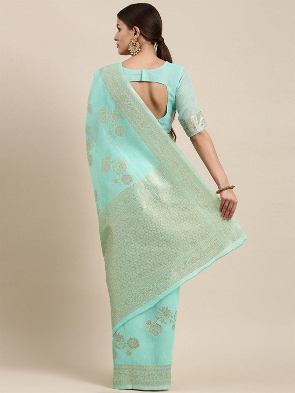 Women's Linen Blend Sea Green Woven Design Designer Saree With Blouse Piece - Odette