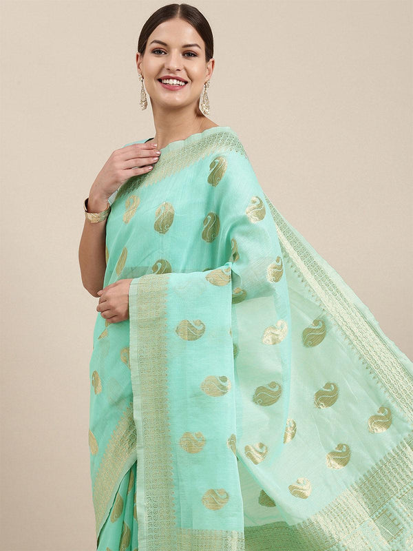 Women's Linen Blend Sea Green Woven Design Designer Saree With Blouse Piece - Odette