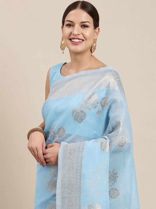 Women's Linen Blend Turquoise Woven Design Designer Saree With Blouse Piece - Odette