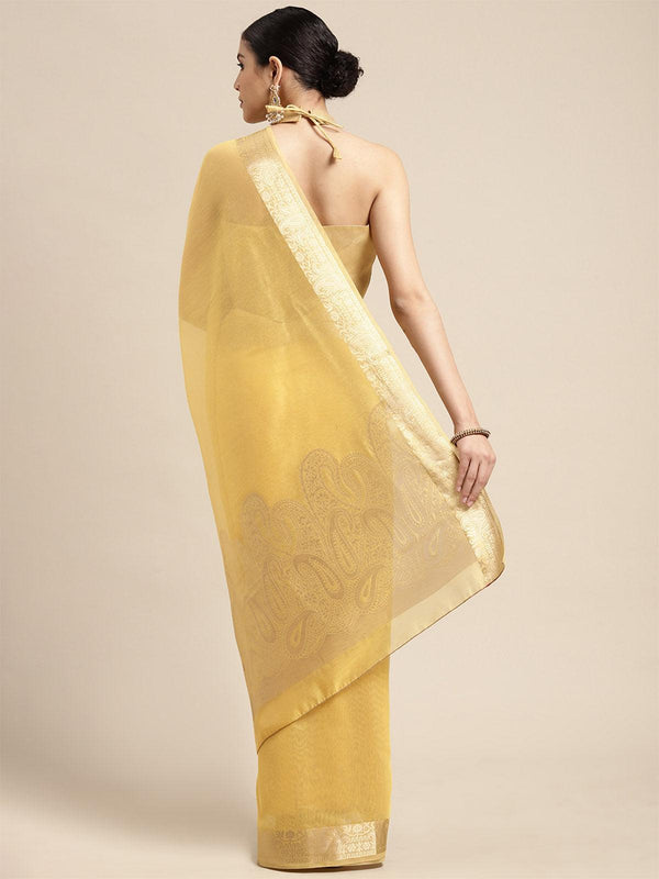 Women's Linen Blend Yellow Woven Design Designer Saree With Blouse Piece - Odette