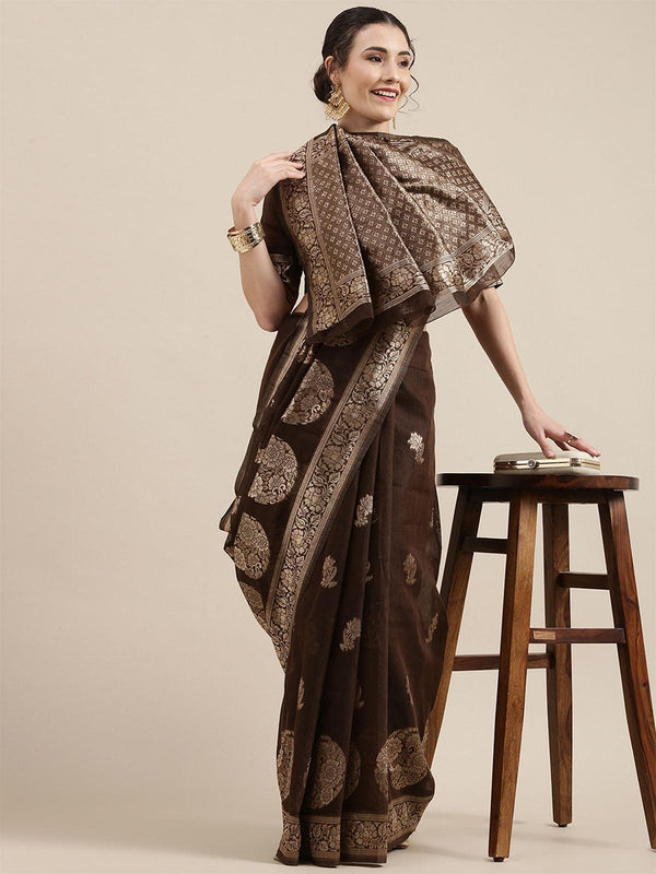 Women's Linen Brown Woven Design Woven Saree With Blouse Piece - Odette