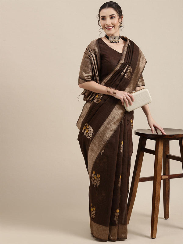 Women's Linen Brown Woven Design Woven Saree With Blouse Piece - Odette