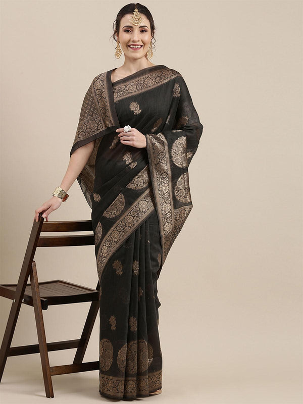 Women's Linen Grey Woven Design Woven Saree With Blouse Piece - Odette