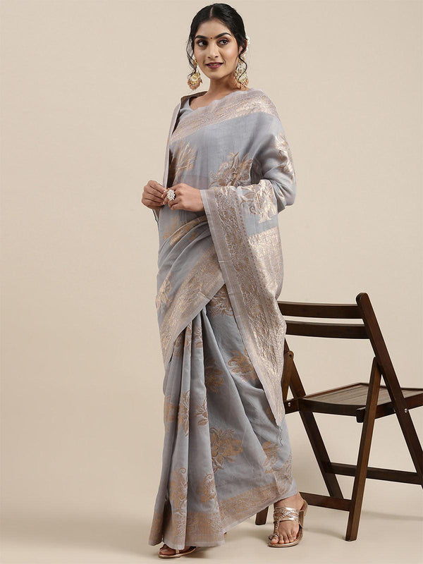 Women's Linen Grey Woven Design Woven Saree With Blouse Piece - Odette