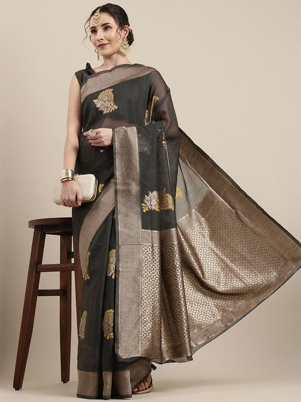 Women's Linen Grey Woven Design Woven Saree With Blouse Piece - Odette