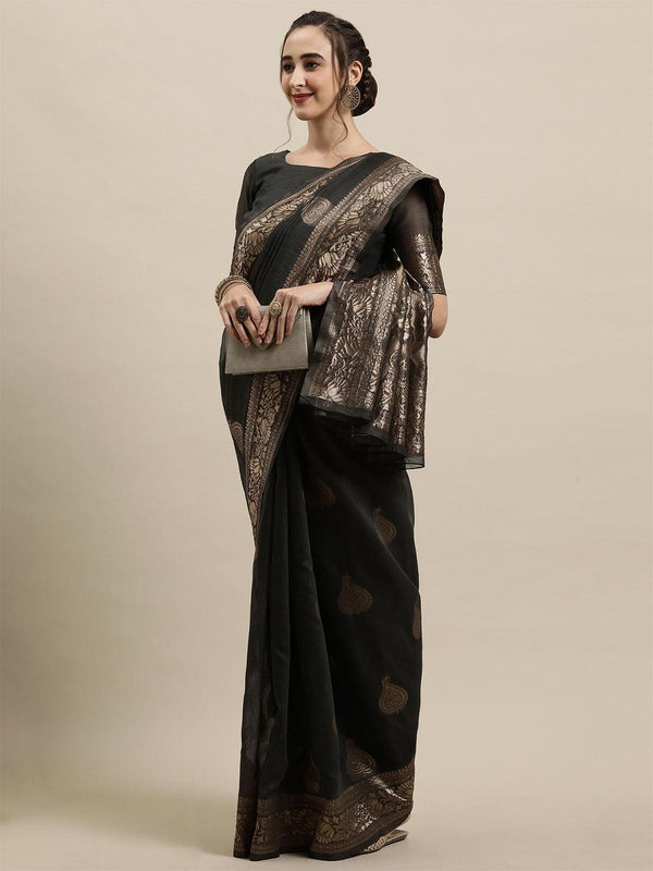 Women's Linen Grey Woven Design Woven Saree With Blouse Piece - Odette