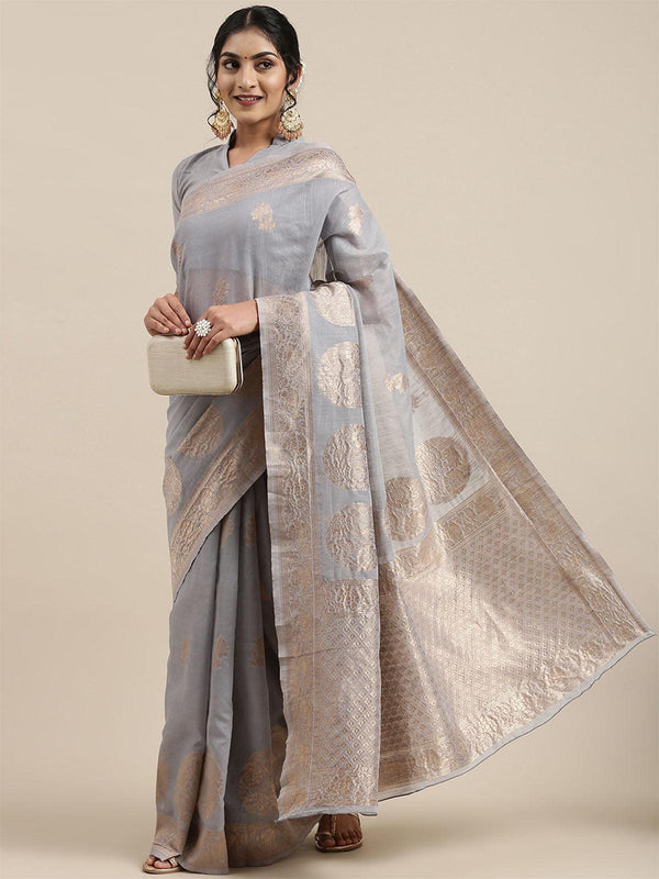 Women's Linen Grey Woven Design Woven Saree With Blouse Piece - Odette