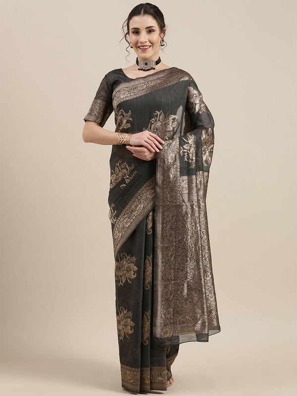 Women's Linen Grey Woven Design Woven Saree With Blouse Piece - Odette