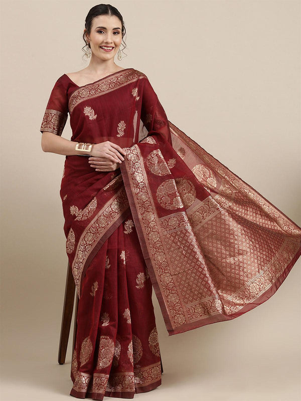 Women's Linen Maroon Woven Design Woven Saree With Blouse Piece - Odette