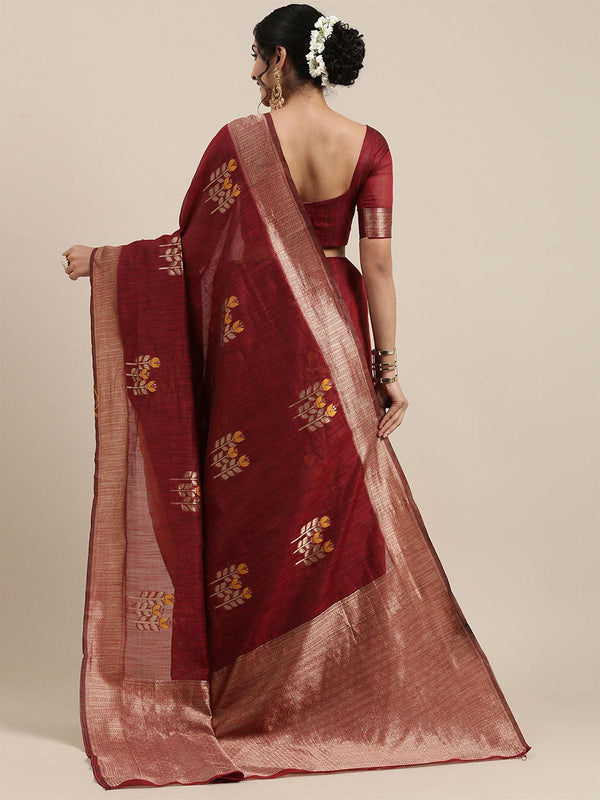 Women's Linen Maroon Woven Design Woven Saree With Blouse Piece - Odette