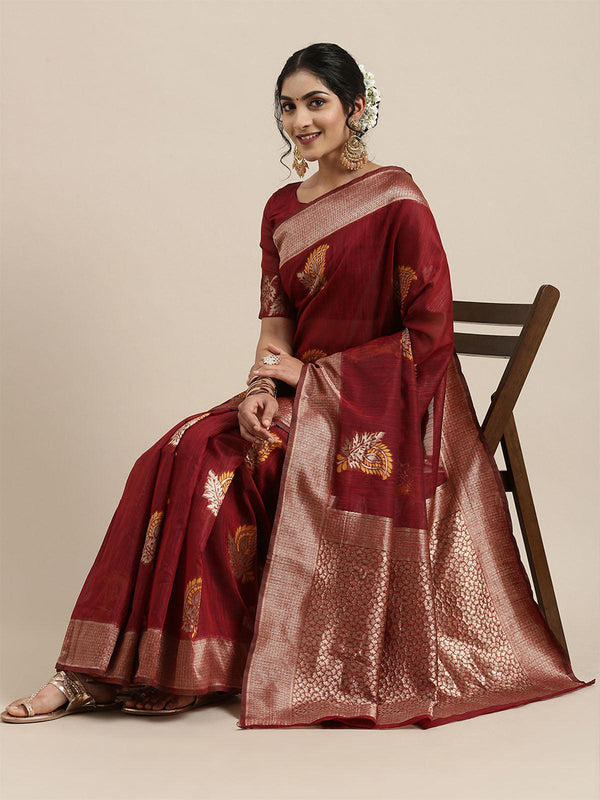 Women's Linen Maroon Woven Design Woven Saree With Blouse Piece - Odette