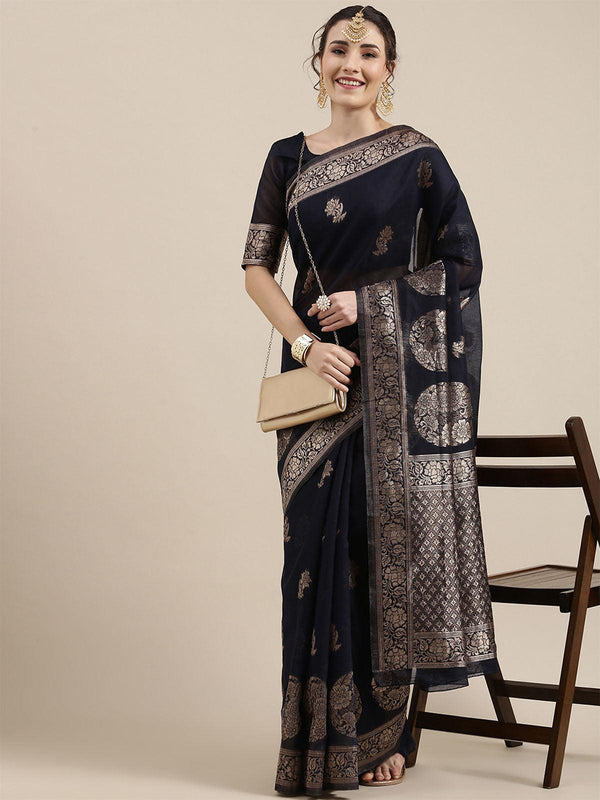 Women's Linen Navy Blue Woven Design Woven Saree With Blouse Piece - Odette