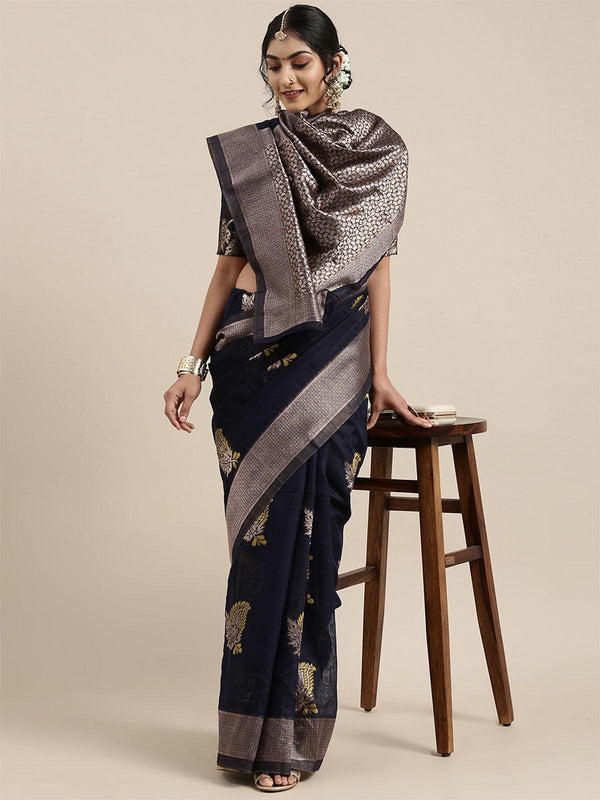 Women's Linen Navy Blue Woven Design Woven Saree With Blouse Piece - Odette