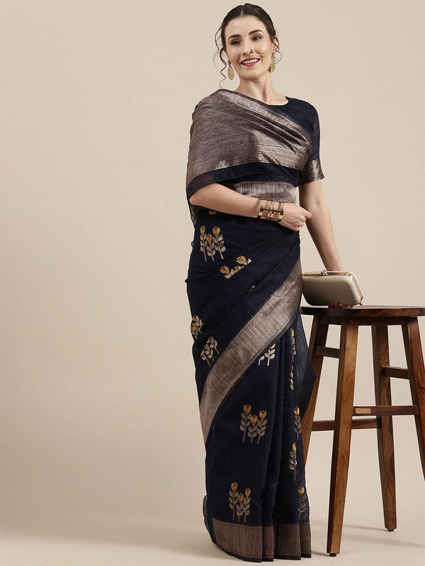 Women's Linen Navy Blue Woven Design Woven Saree With Blouse Piece - Odette