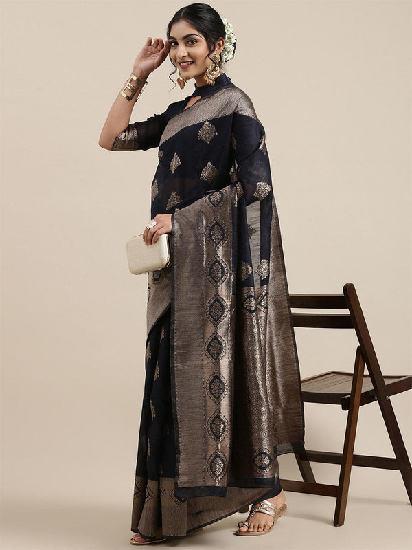 Women's Linen Navy Blue Woven Design Woven Saree With Blouse Piece - Odette