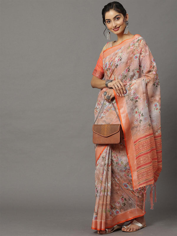 Women's Linen Peach Printed Designer Saree With Blouse Piece - Odette