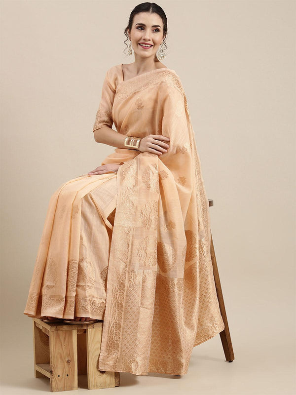 Women's Linen Peach Woven Design Woven Saree With Blouse Piece - Odette