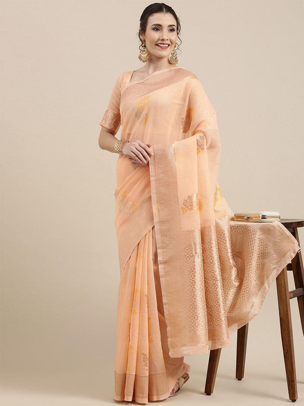 Women's Linen Peach Woven Design Woven Saree With Blouse Piece - Odette