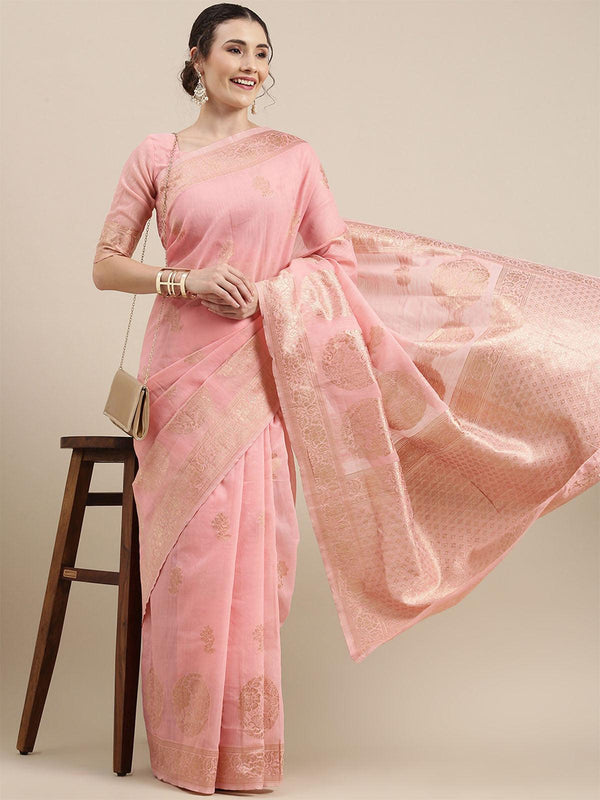 Women's Linen Pink Woven Design Woven Saree With Blouse Piece - Odette