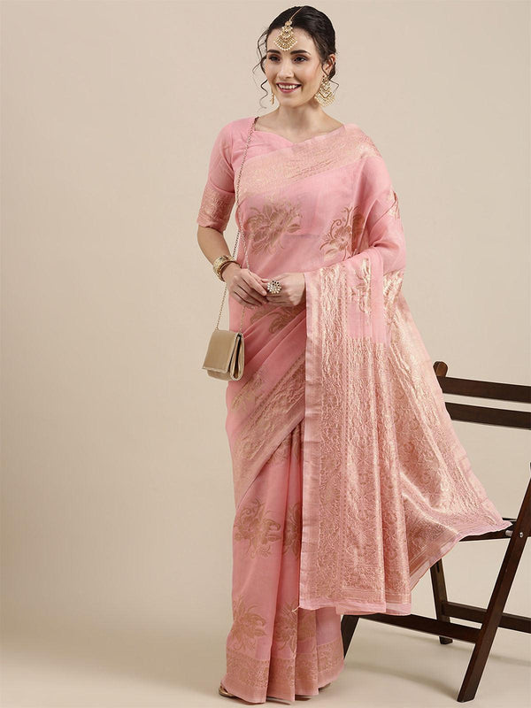 Women's Linen Pink Woven Design Woven Saree With Blouse Piece - Odette