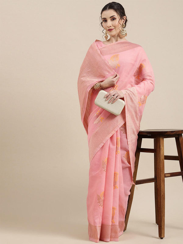 Women's Linen Pink Woven Design Woven Saree With Blouse Piece - Odette