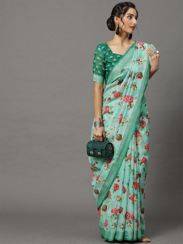 Women's Linen Sea Green Printed Designer Saree With Blouse Piece - Odette