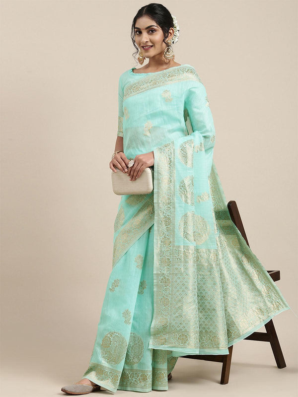 Women's Linen Sea Green Woven Design Woven Saree With Blouse Piece - Odette