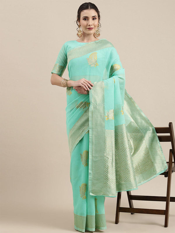 Women's Linen Sea Green Woven Design Woven Saree With Blouse Piece - Odette