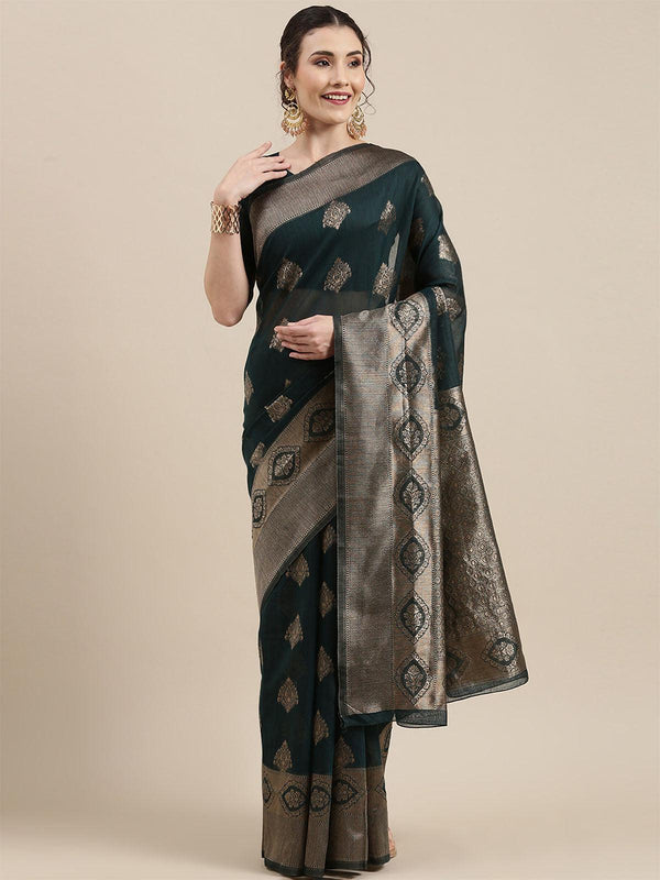 Women's Linen Teal Green Woven Design Woven Saree With Blouse Piece - Odette