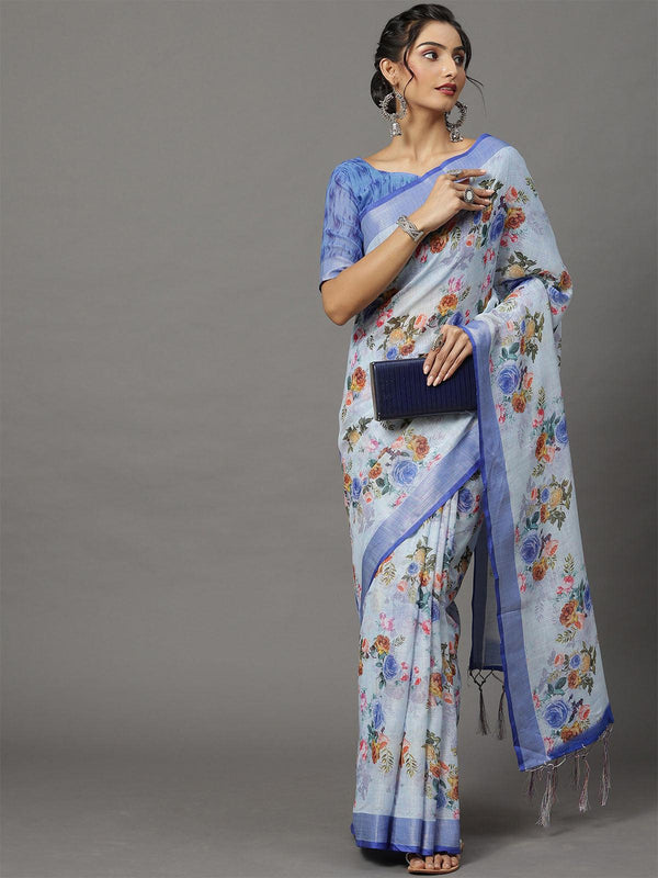 Women's Linen Turquoise Printed Designer Saree With Blouse Piece - Odette