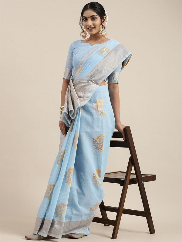 Women's Linen Turquoise Woven Design Woven Saree With Blouse Piece - Odette