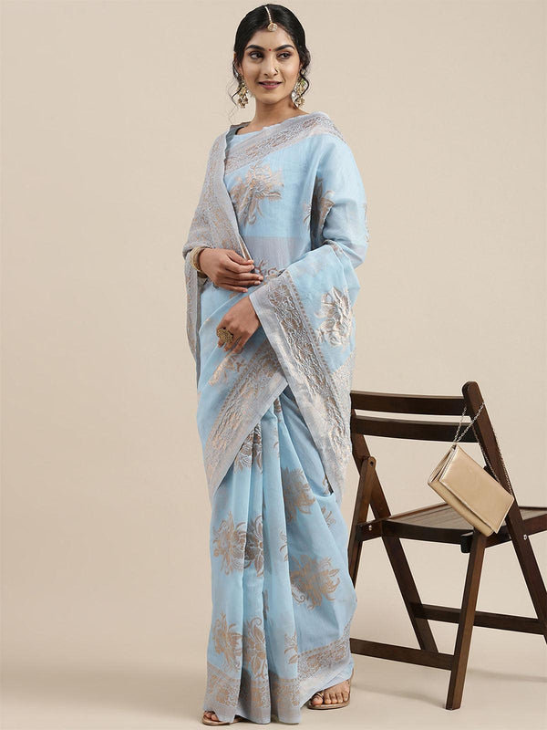 Women's Linen Turquoise Woven Design Woven Saree With Blouse Piece - Odette