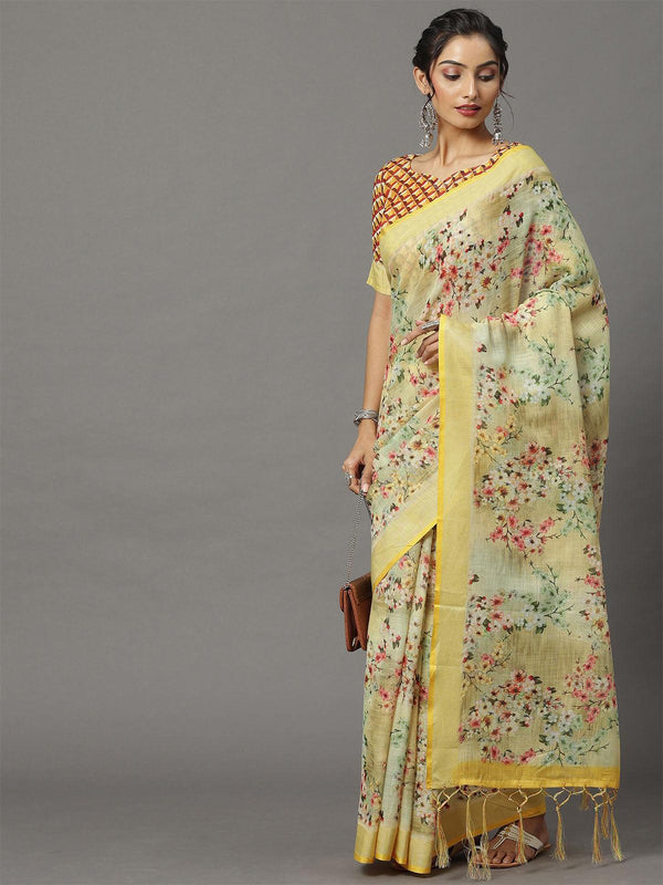 Women's Linen Yellow Printed Designer Saree With Blouse Piece - Odette