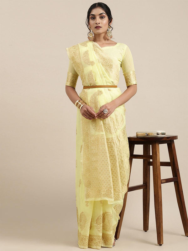 Women's Linen Yellow Woven Design Woven Saree With Blouse Piece - Odette