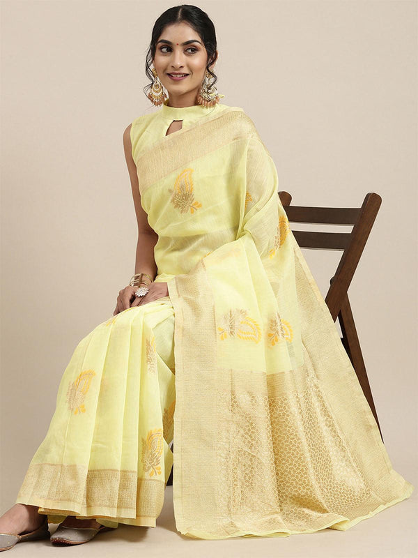 Women's Linen Yellow Woven Design Woven Saree With Blouse Piece - Odette