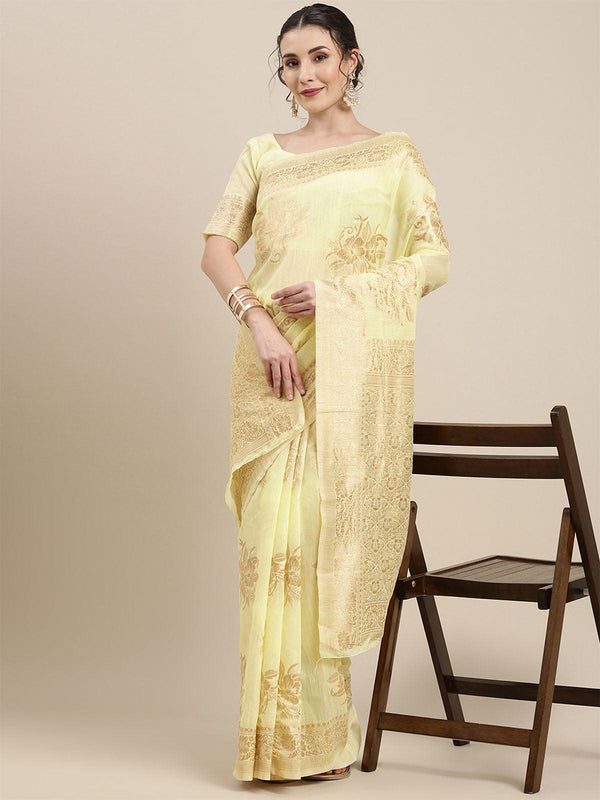 Women's Linen Yellow Woven Design Woven Saree With Blouse Piece - Odette