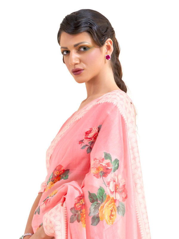 Women's Modal Pink Digital Print Designer Saree With Blouse Piece - Odette