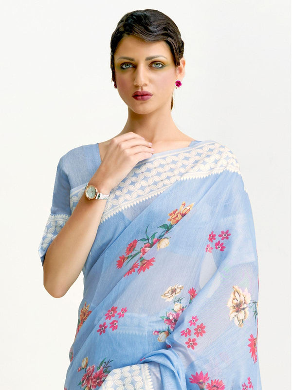 Women's Modal Turquoise Digital Print Designer Saree With Blouse Piece - Odette