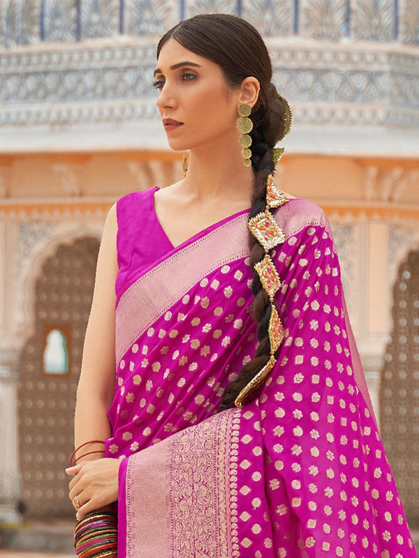 Women's Nylon Pink Woven Design Handloom Saree With Blouse Piece - Odette