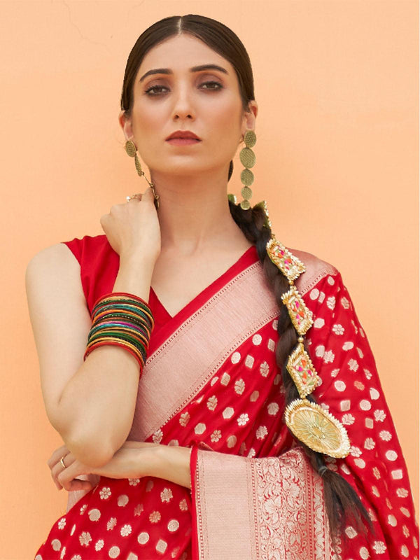 Women's Nylon Red Woven Design Handloom Saree With Blouse Piece - Odette