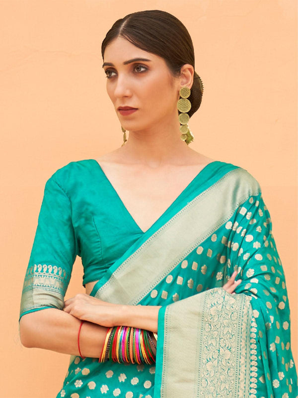 Women's Nylon Sea Green Woven Design Handloom Saree With Blouse Piece - Odette