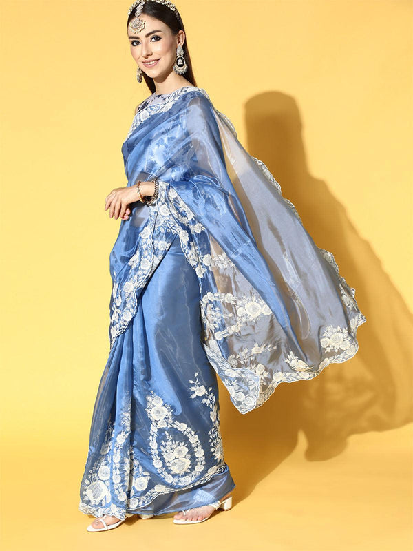 Women's Organza Blue Embroidered Designer Saree With Blouse Piece - Odette