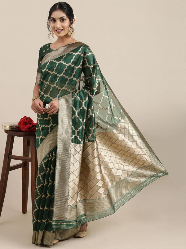 Women's Organza Green Woven Design Designer Saree With Blouse Piece - Odette