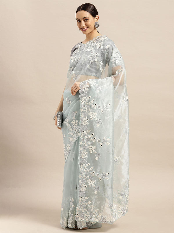 Women's Organza Grey Embroidered Designer Saree With Blouse Piece - Odette