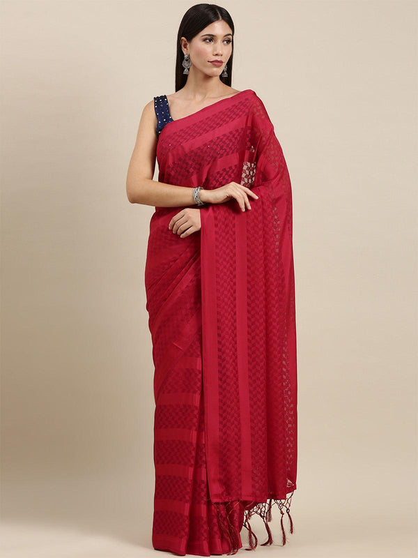 Women's Satin Red Self-Design Designer Saree With Blouse Piece - Odette