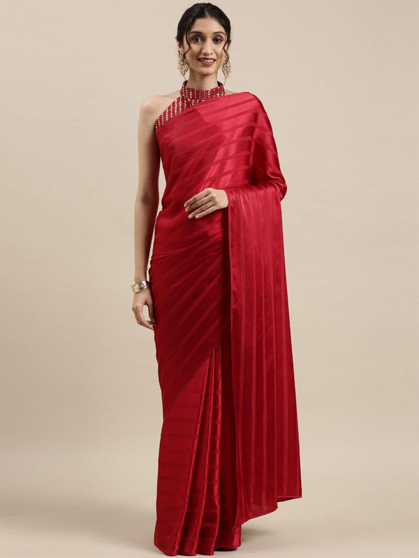 Women's Satin Red Solid Designer Saree With Blouse Piece - Odette