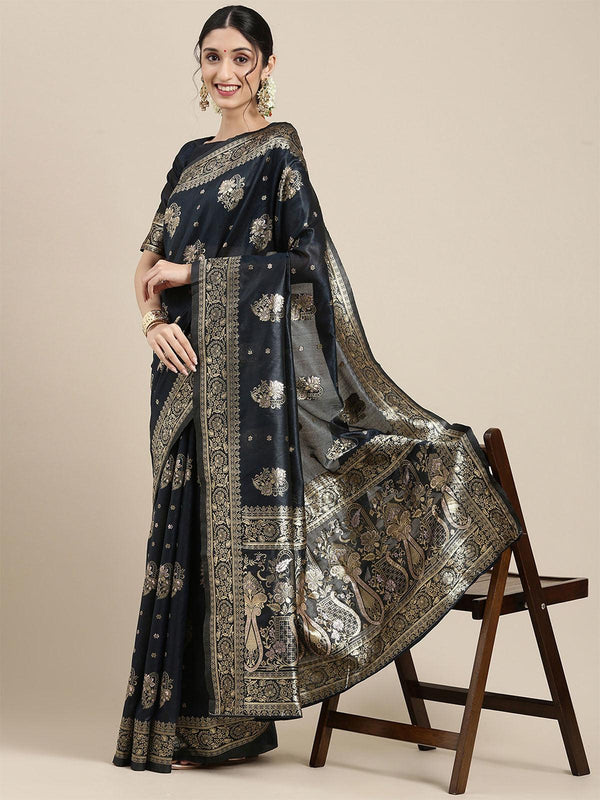 Women's Silk Blend Black Woven Design Celebrity Saree With Blouse Piece - Odette